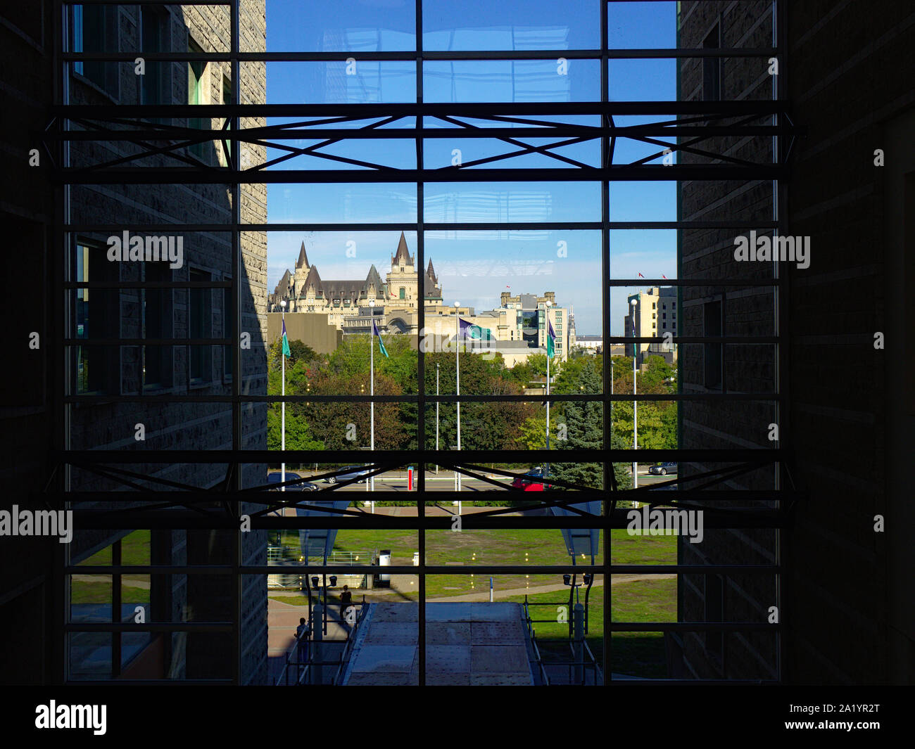 Inside Ottawa City Hall, looking downtown (northwest) towards The Fairmont Château Laurier, situated beside Parliament hill, Ottawa, Ontario, Canada. Stock Photo