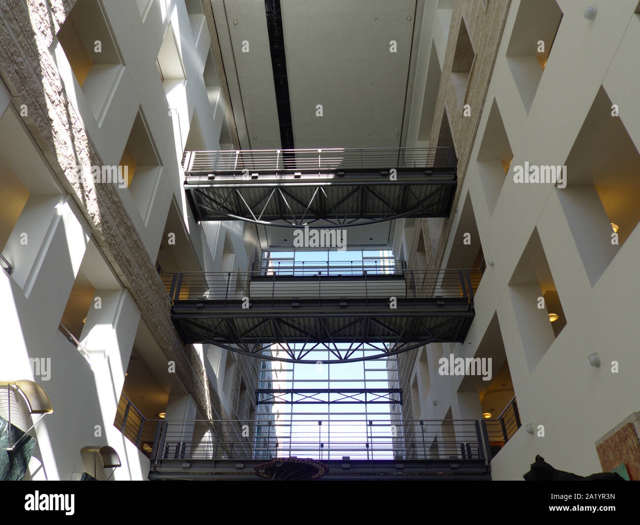 Ottawa City Hall, main atrium, looking up at the pedestrian crosswalks