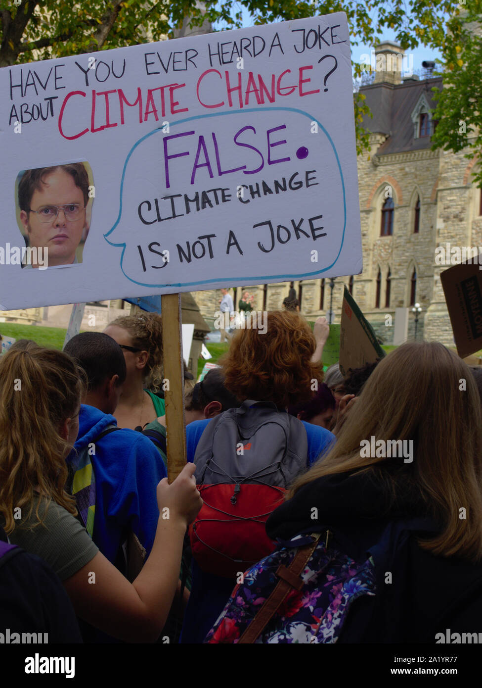 Dwight from the Office (US) on a funny sign at the climate strike, Friday September 27th, Ottawa, Ontario, Canada. Stock Photo