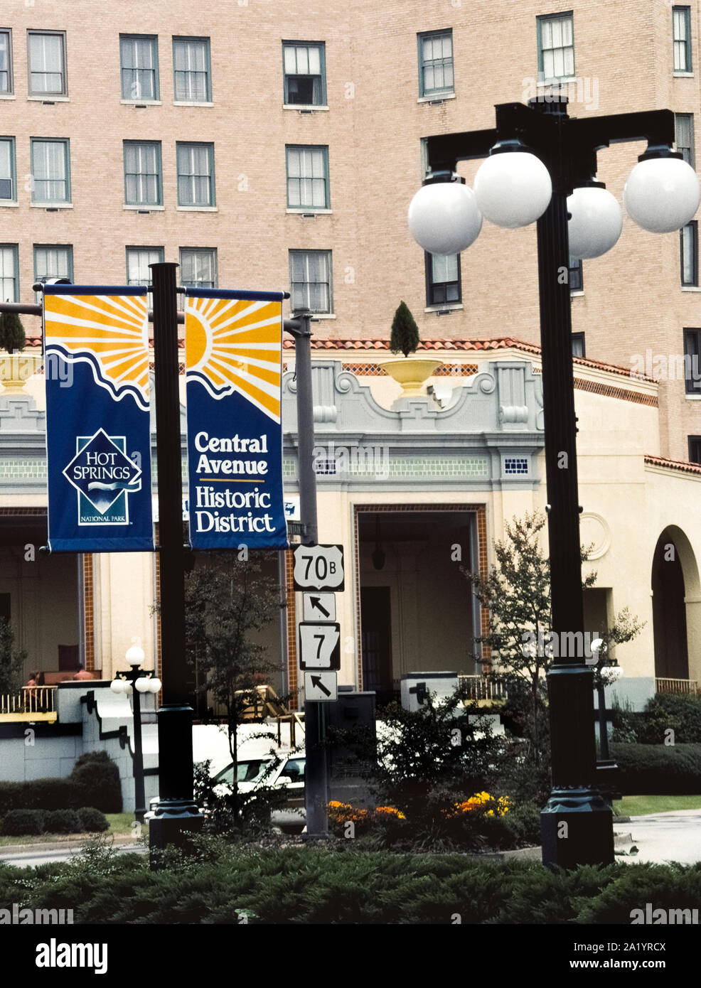 Street banner signs visitors to Hot Springs, Arkansas, USA, a