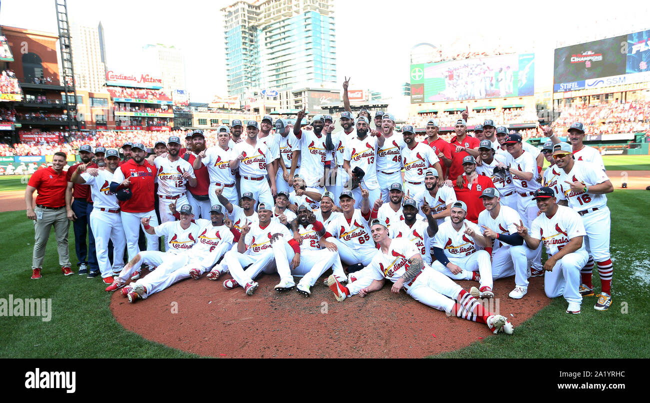 St. Louis, United States. 29th Sep, 2019. Members of the St. Louis Cardinals gather at the mound after winning the National League Central Division, defeating the Chicago Cubs at Busch Stadium in St. Louis on Sunday, September 29, 2019. Photo by BIll Greenblatt/UPI Credit: UPI/Alamy Live News Stock Photo