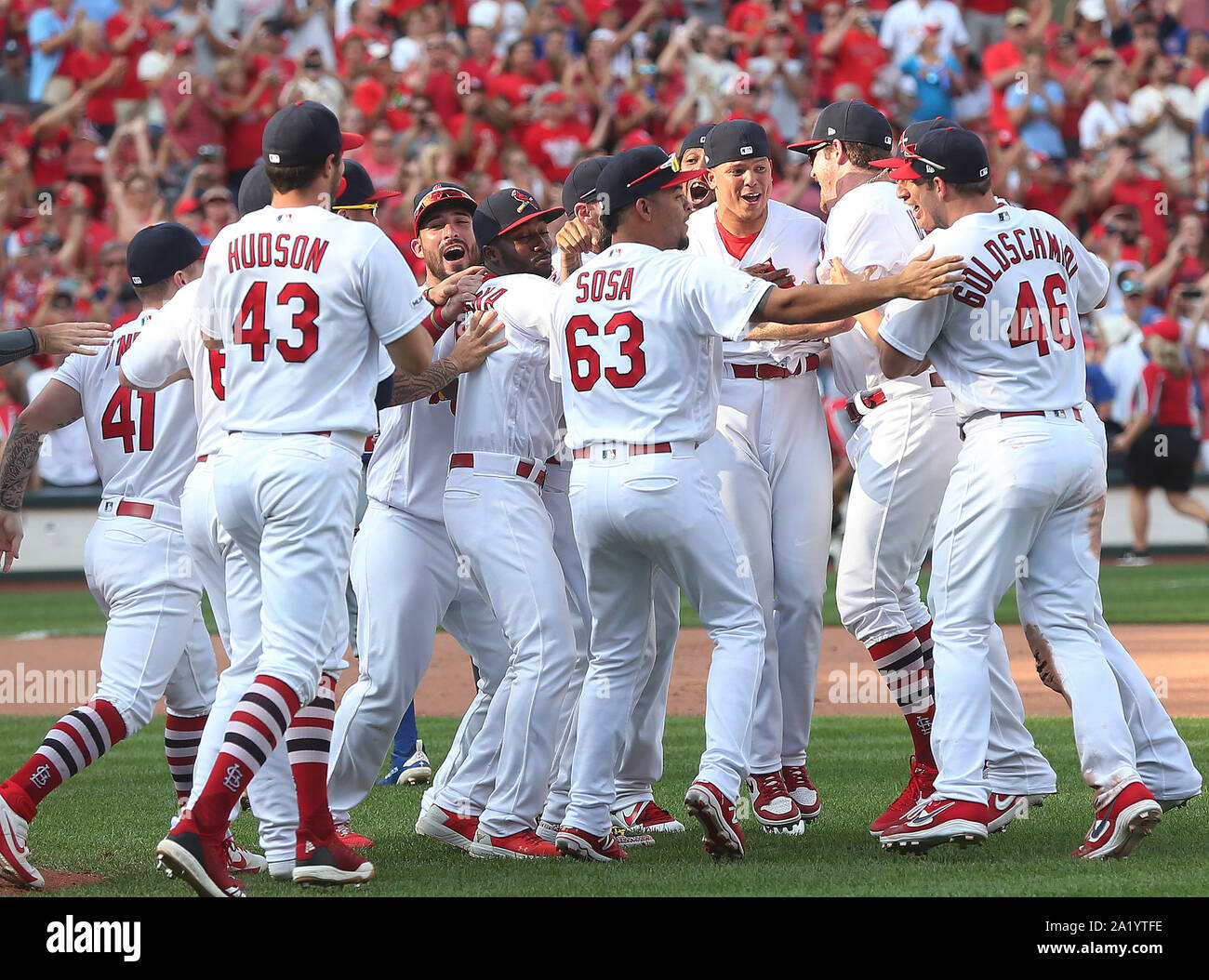 St. Louis, United States. 29th Sep, 2019. Members of the St. Louis Cardinals converge on the pitching mound after the third out against the Chicago Cubs, winning the National League Central Division at Busch Stadium in St. Louis on Sunday, September 29, 2019. Photo by BIll Greenblatt/UPI Credit: UPI/Alamy Live News Stock Photo