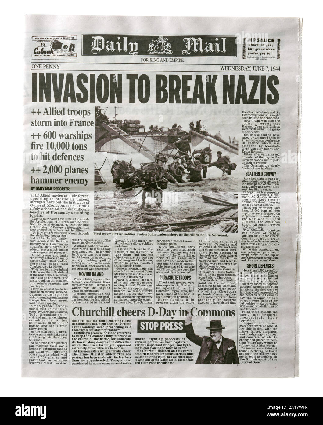 A reproduction front page of the Daily Mail from June 7 1944 with news about the Allied invasion of France after D-Day. Stock Photo