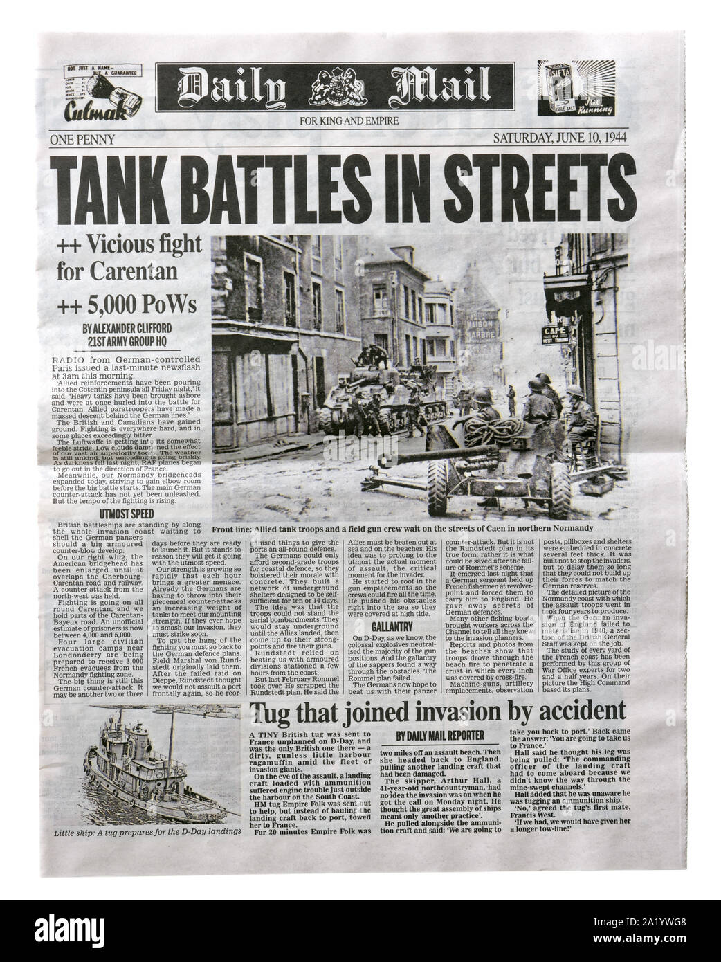 A reproduction front page of the Daily Mail  from June 10 1944 with news about the Allied invasion of France after D-Day. Stock Photo