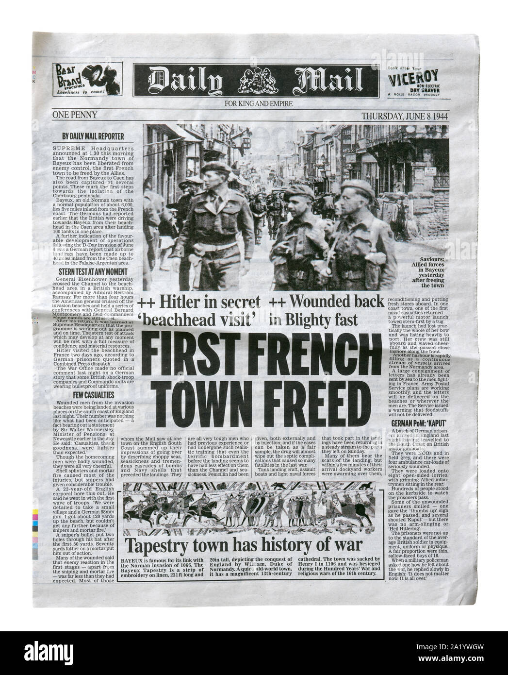 A reproduction front page of the Daily Mail  from June 8 1944 with news about the Allied invasion of France after D-Day. Stock Photo