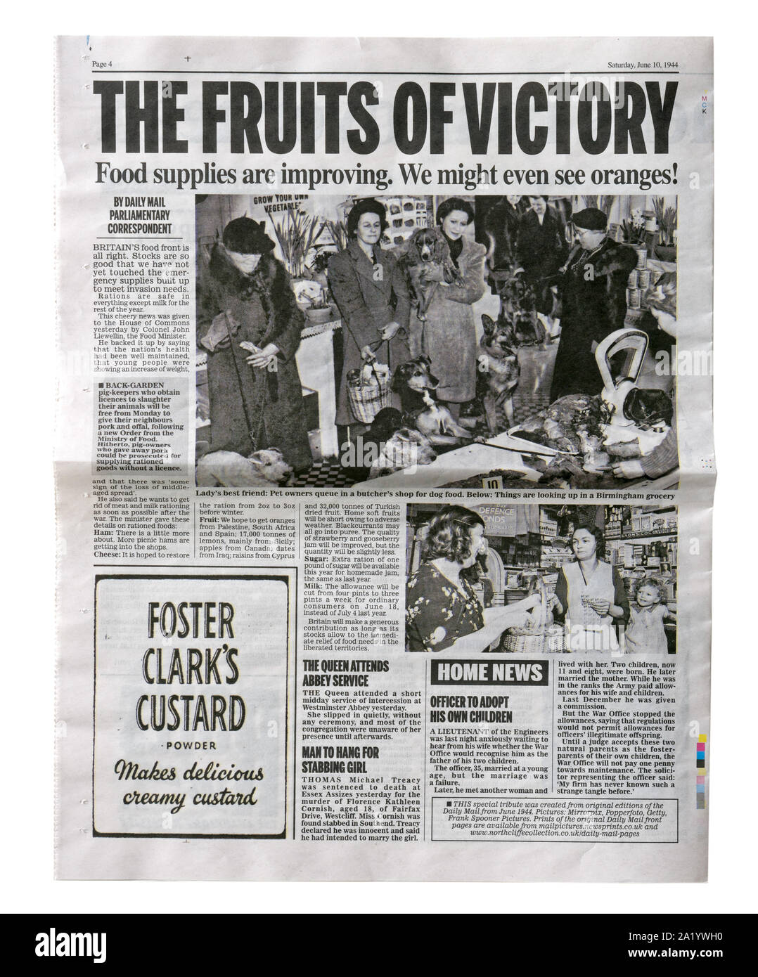 A reproduction back page of the Daily Mail with news that food supplies in the UK are increasing after D-Day. Stock Photo