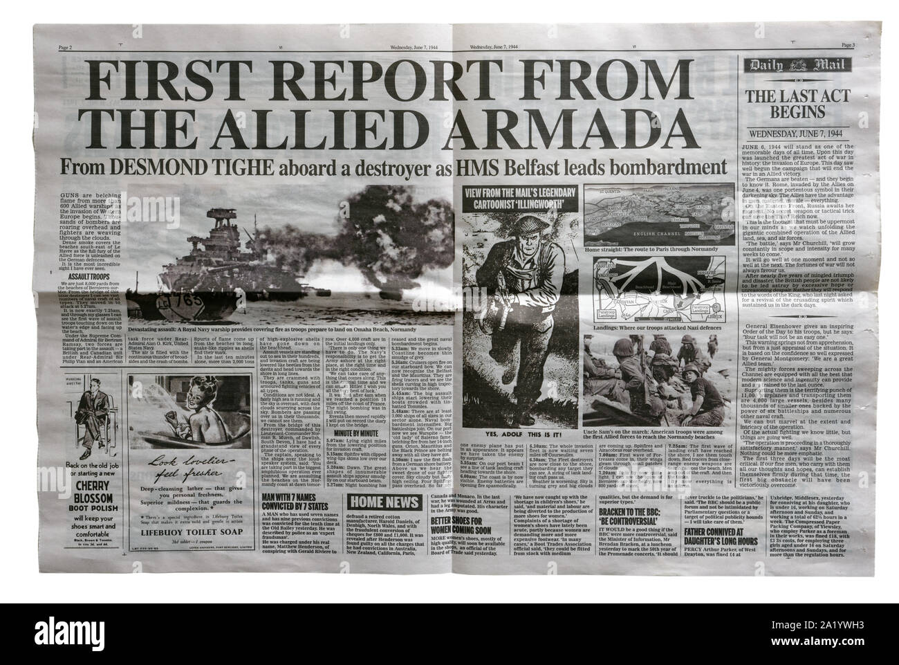 A reproduction inside page of the Daily Mail from June 7 1944 with news about the Allied invasion of France after D-Day. Stock Photo