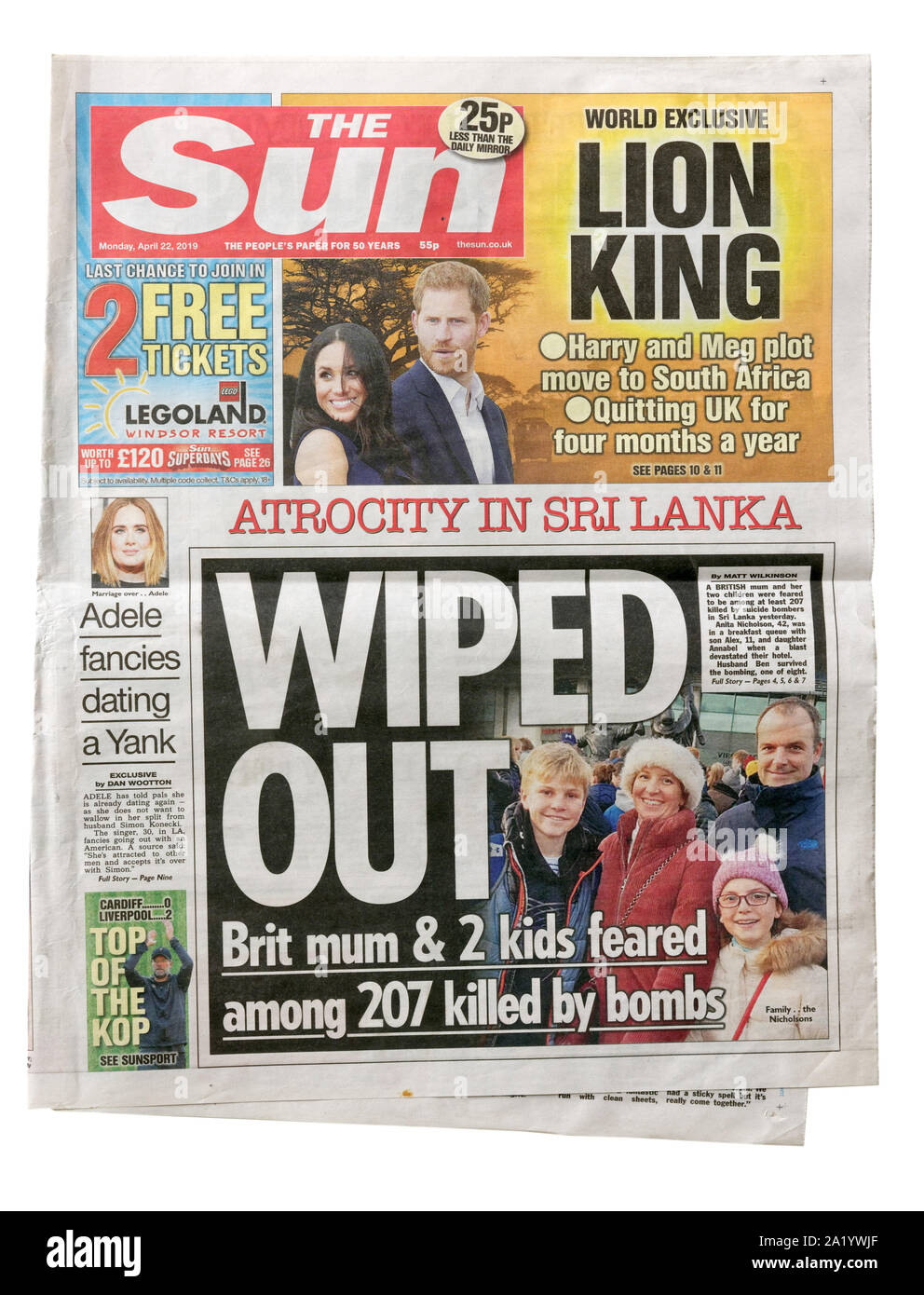 The front page of the The Sun from April 22 2019 with the headline Wiped Out, about the Easter bombings in Sri Lanka Stock Photo