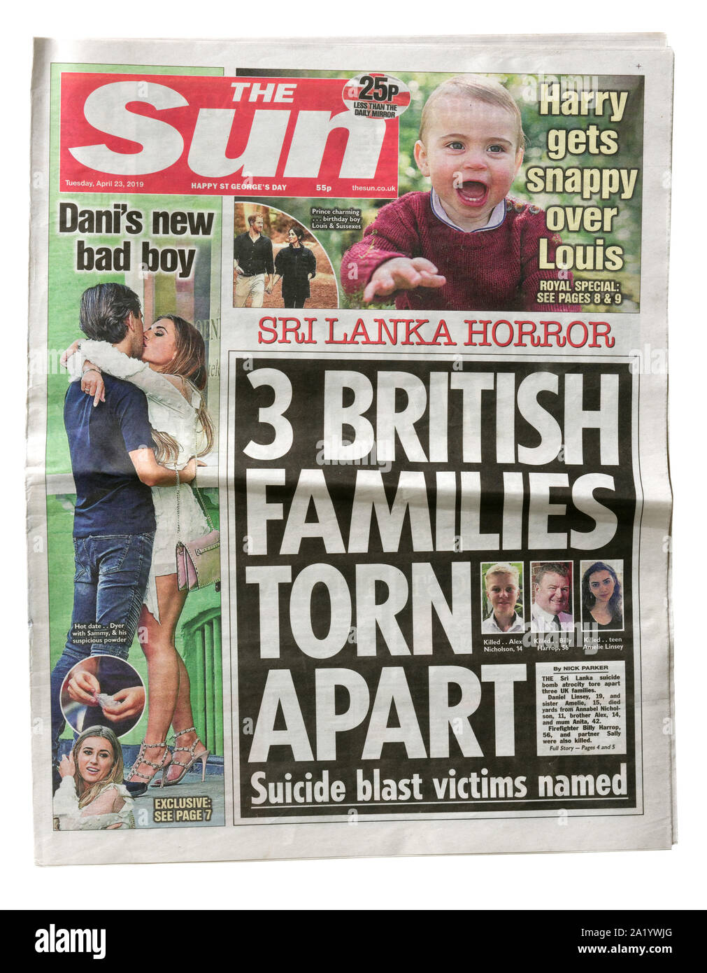 The front page of the The Sun from April 23 2019 with the headline Families Torn Apart, about the Easter bombings in Sri Lanka Stock Photo