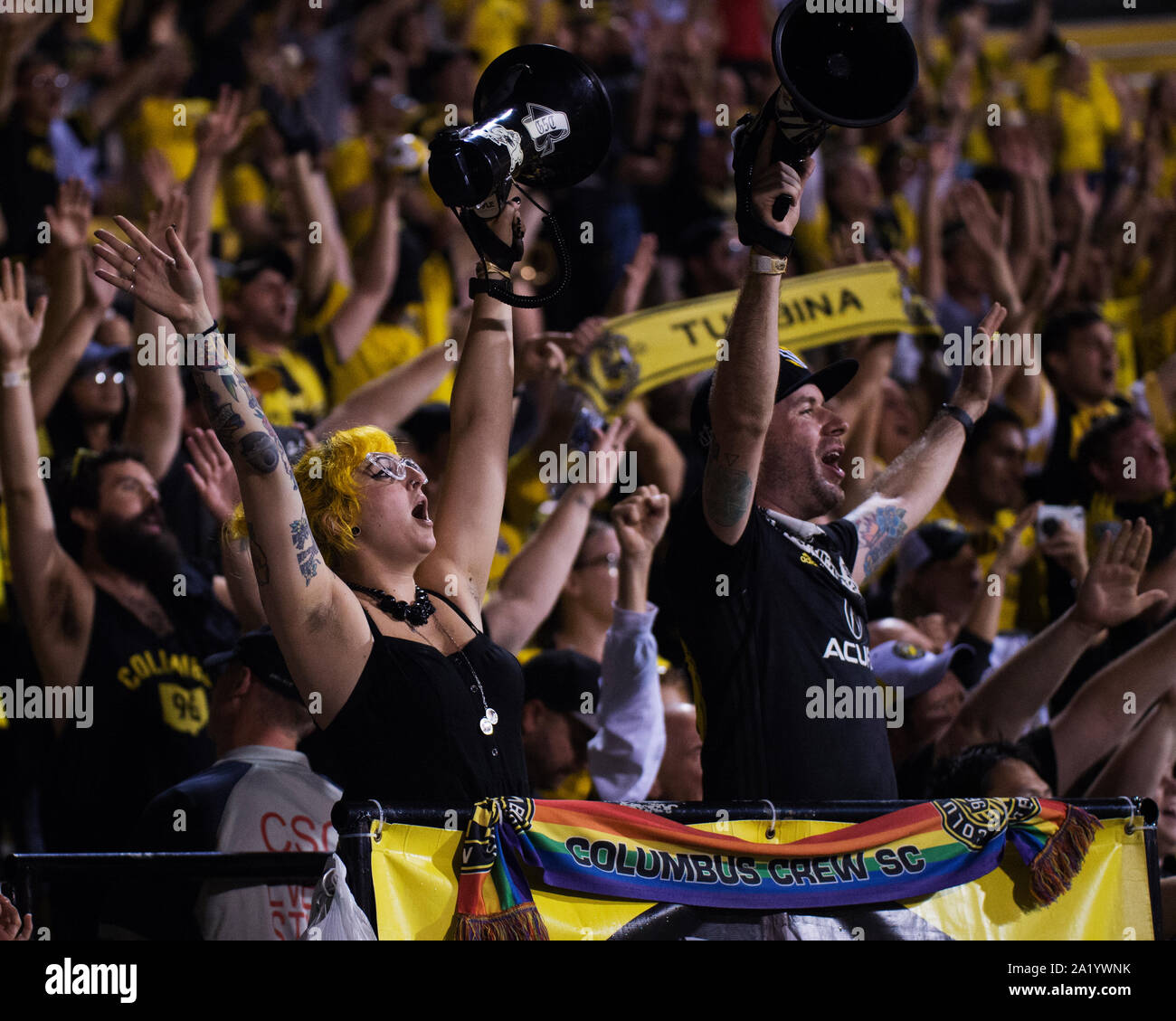 Columbus, Ohio, USA. 29 September, 2019. Columbus Crew SC fans celebrate their 2-0 victory against Philadelphia Union in their final  match of the season at Mapfre Stadium. Credit: Brent Clark/Alamy Live News Stock Photo