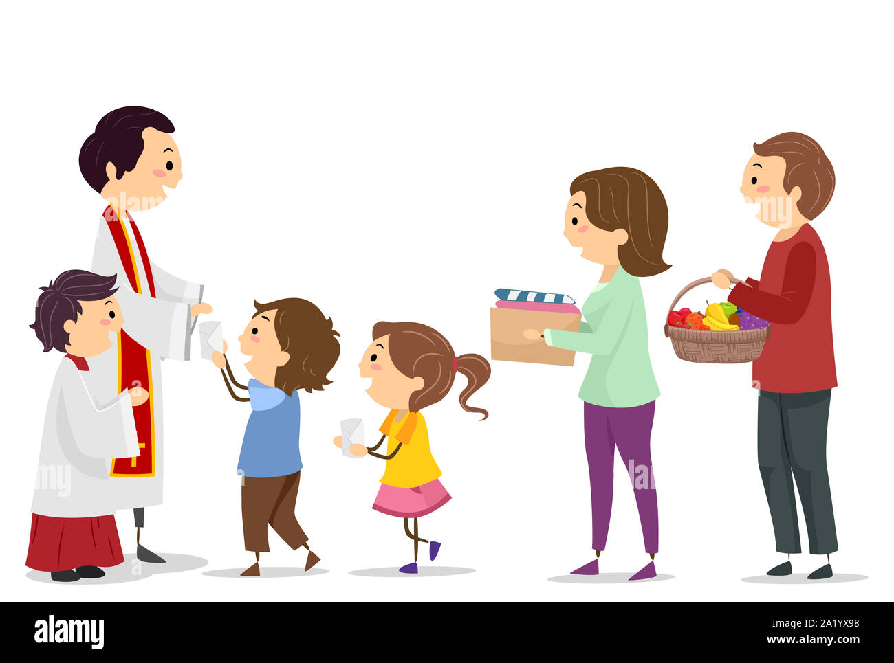 Illustration of Stickman Family Bringing Cash In Envelopes, Used Clothes and Basket of Fruits for Mass Offering Stock Photo