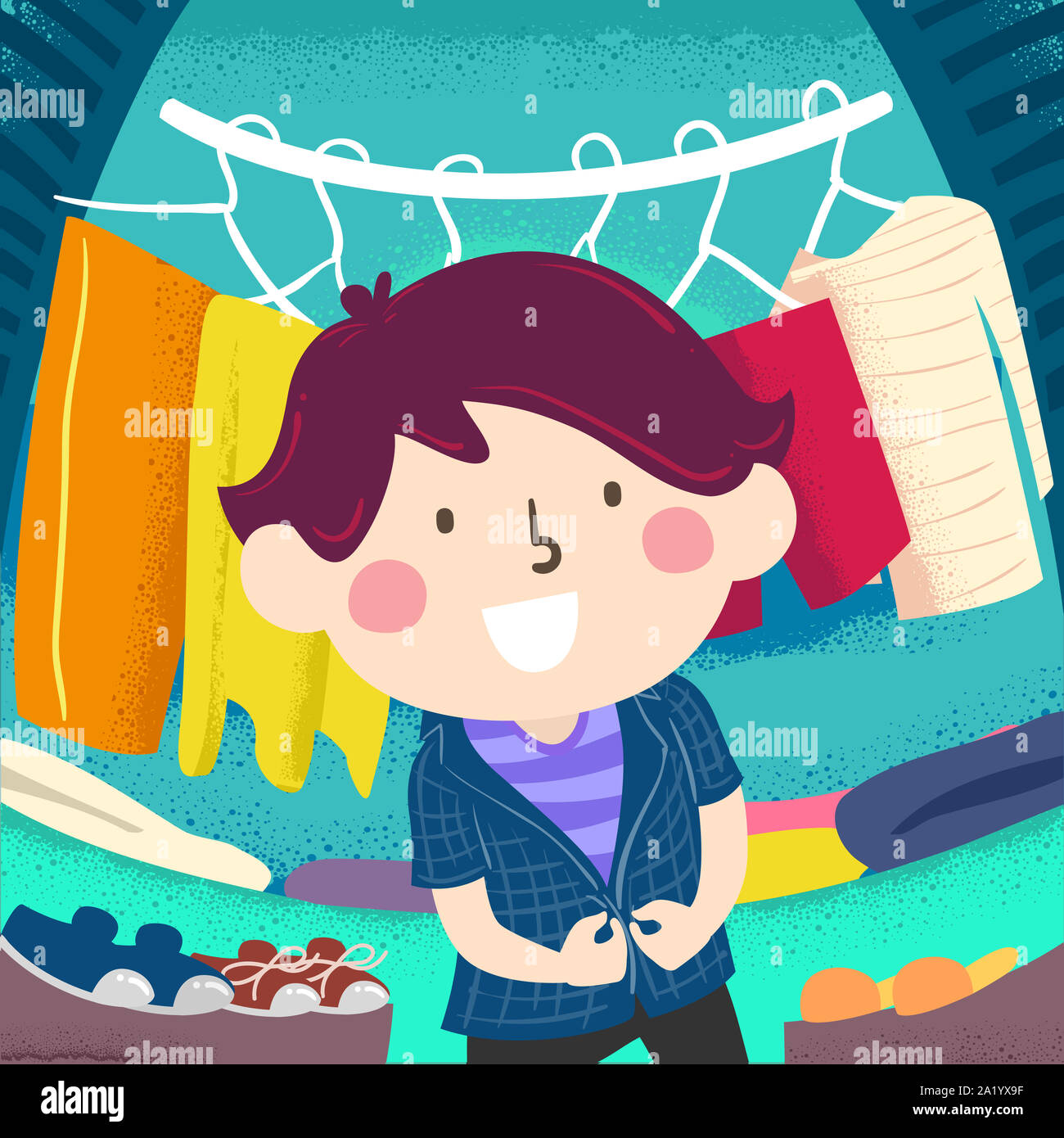 Illustration of a Kid Boy Looking for Appropriate Clothing for the Day from Inside His Closet Stock Photo