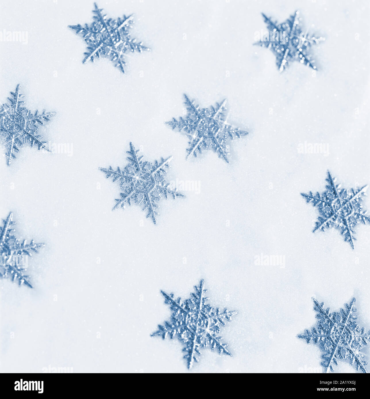 Simple, modern, silver glitter snowflake ornaments decorations on white snow background Stock Photo
