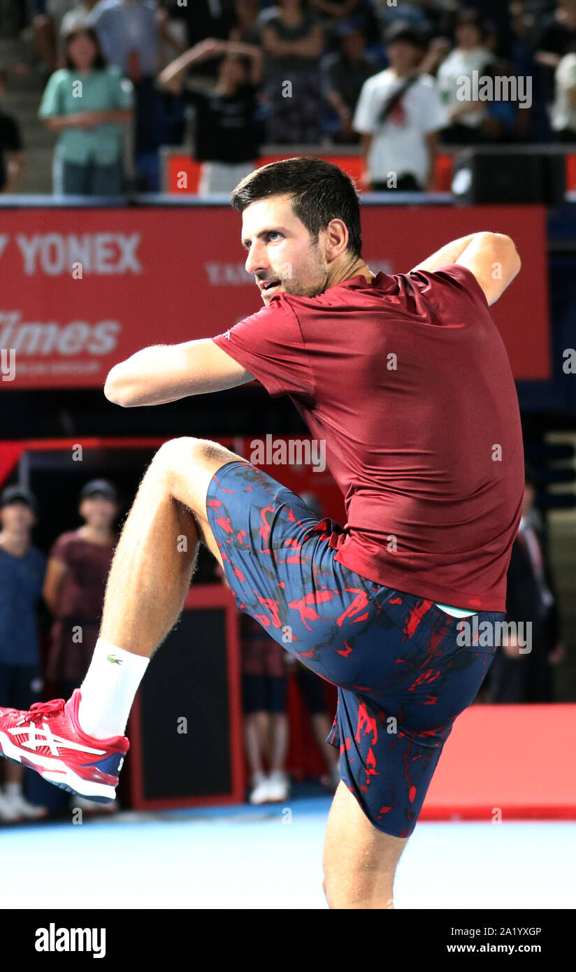 Tokyo, Japan. 29th Sep, 2019. World's No.1 ranker Novak Djokovic of Serbia  throws a ball to Japanese fans after a training session for the Rakuten  Japan Open tennis championships at the Ariake