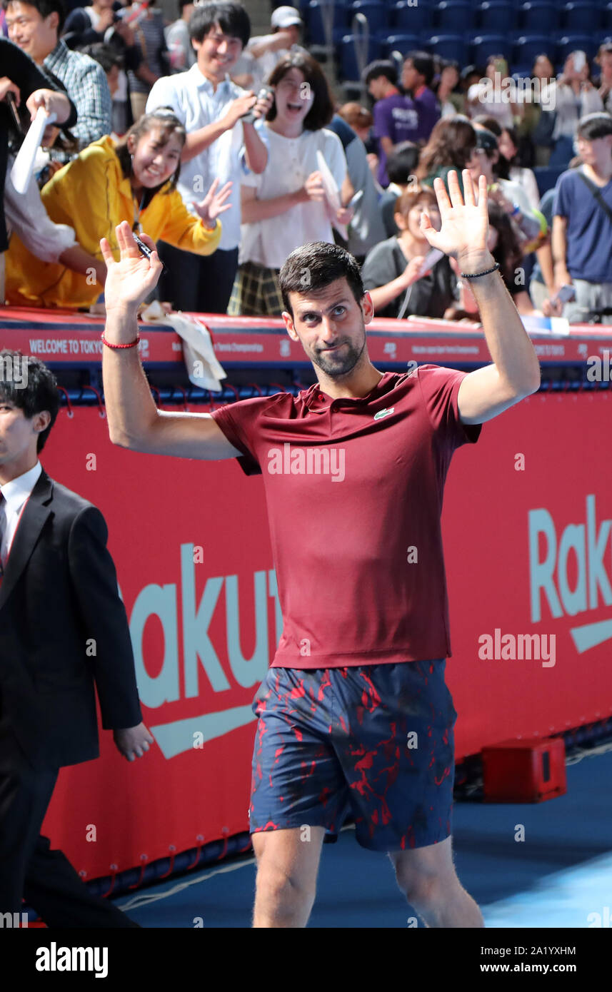 Tokyo, Japan. 29th Sep, 2019. World's No.1 ranker Novak Djokovic of Serbia  reacts to Japanese fans after a training session for the Rakuten Japan Open  tennis championships at the Ariake Colosseum in