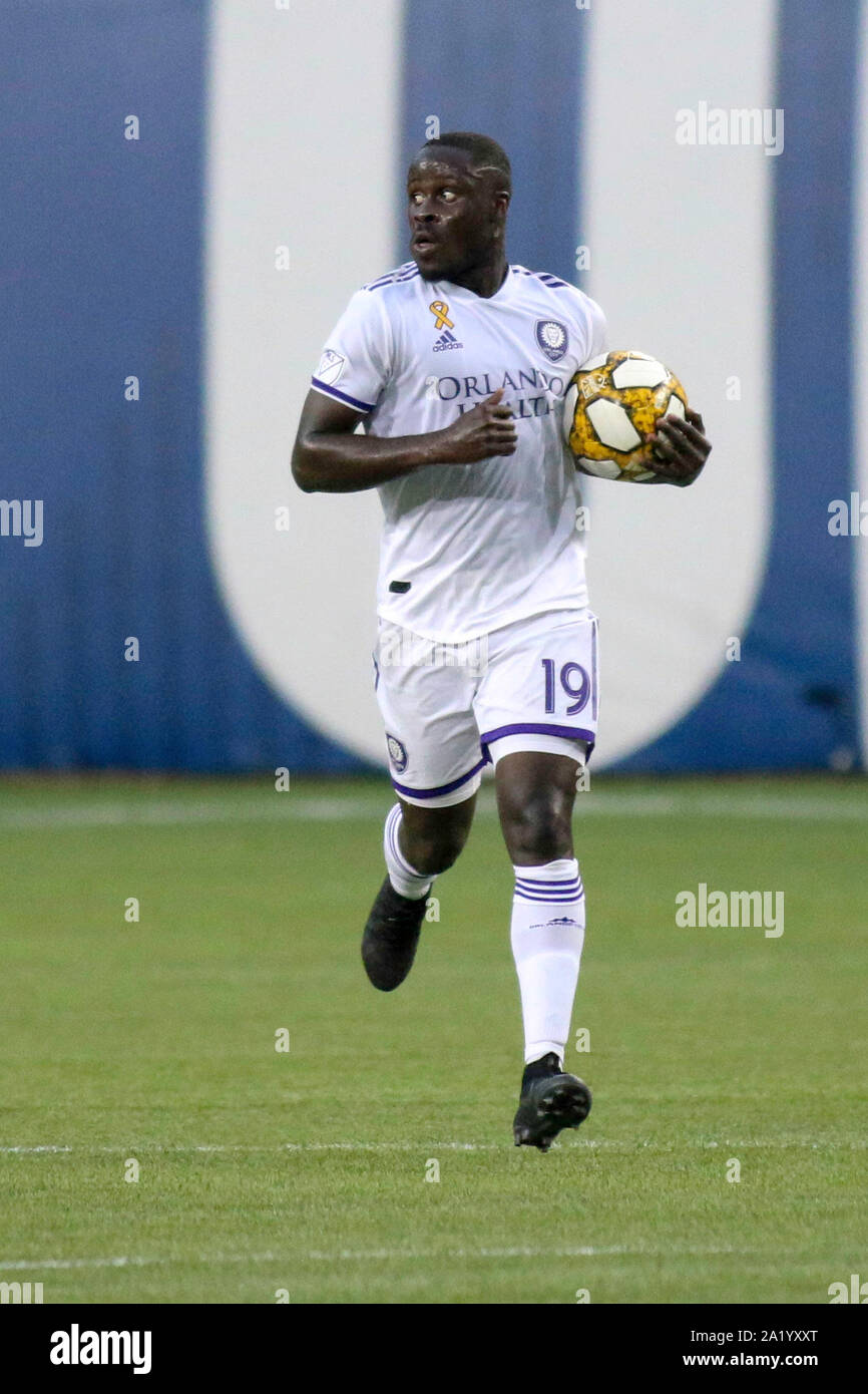Cincinnati, Ohio, USA. 29th Sep, 2019. Orlando's Benji Michel runs the ball back to the center circle after scoring a goal in second half extra time during an MLS soccer game between FC Cincinnati and Orlando City SC at Nippert Stadium in Cincinnati, Ohio. Kevin Schultz/CSM/Alamy Live News Stock Photo