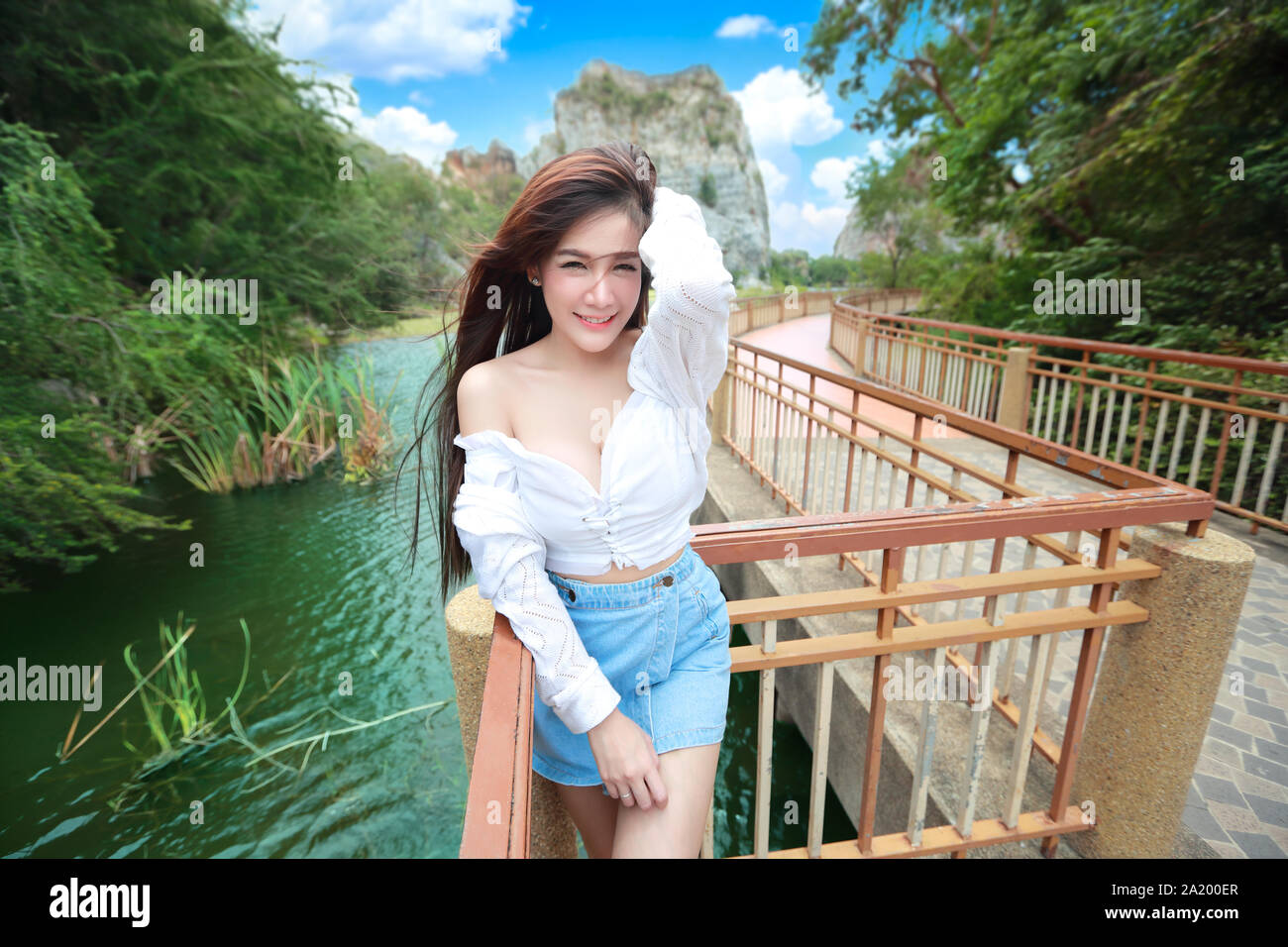 portrait of beautiful woman in nature outdoors with smiling Stock Photo ...