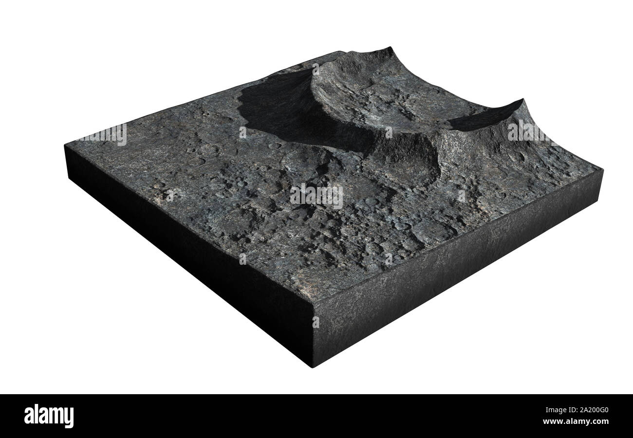 cross section of a crater on the surface of the Moon, terrain model isolated on white background Stock Photo