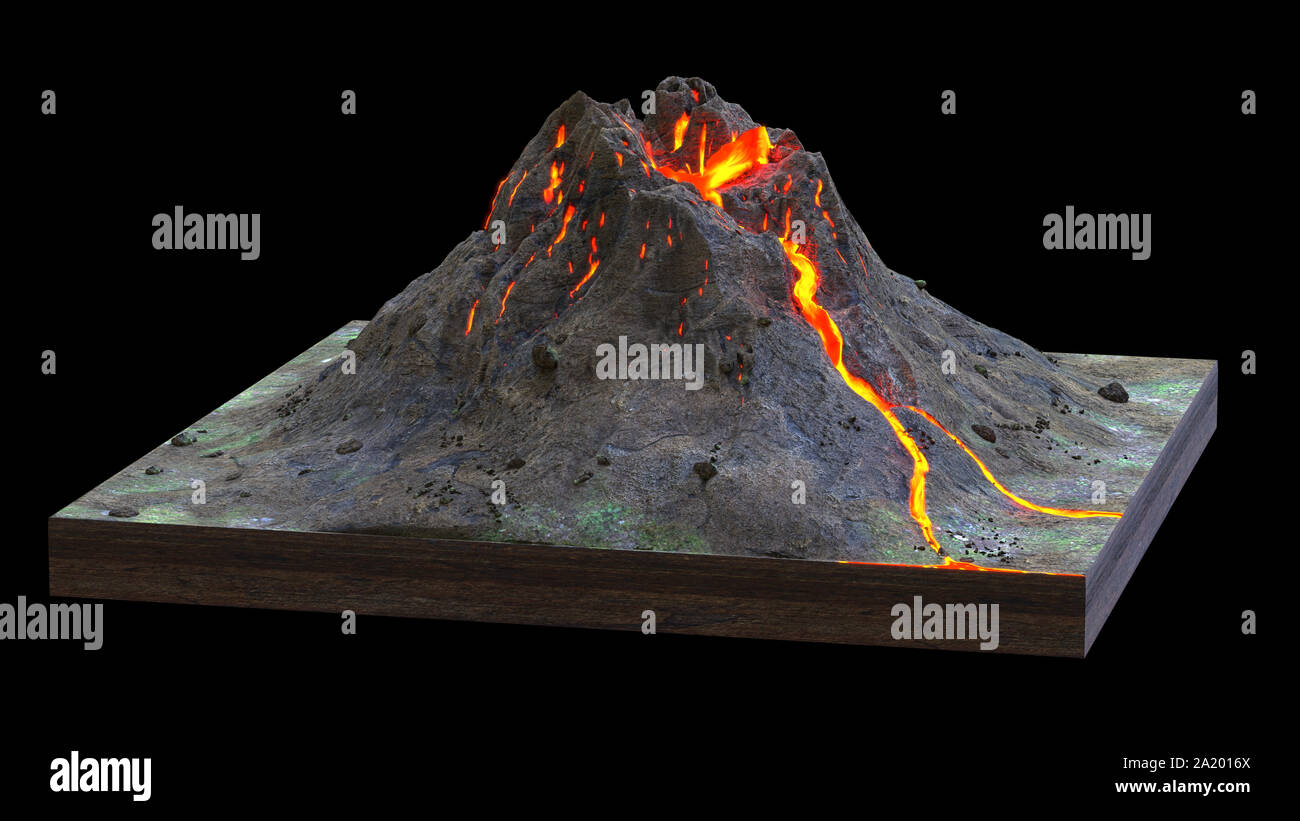 volcano erupts lava, cross section model isolated on black background Stock Photo