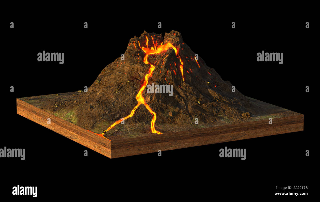 volcano erupts lava, model of a cross section of ground isolated on black background Stock Photo