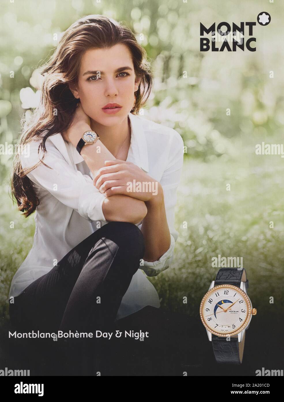 poster advertising Montblanc luxury Swiss brand with Charlotte Casiraghi in  magazine from 2015, advertisement, creative Mont Blanc advert from 2010s  Stock Photo - Alamy