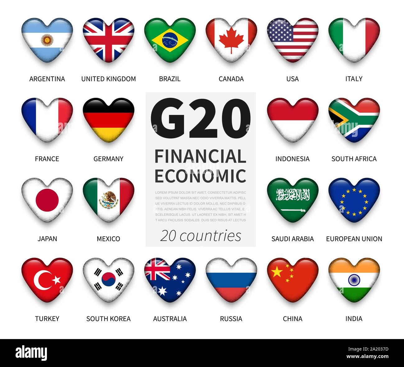 G20 . Group of Twenty countries and membership flag . International association of government econimic and financial . Heart button with shiny glass c Stock Vector