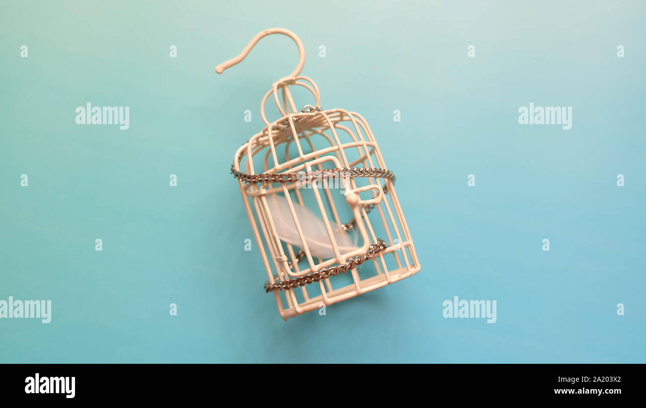 A single white feather inside a small metal bird cage, with metal chain