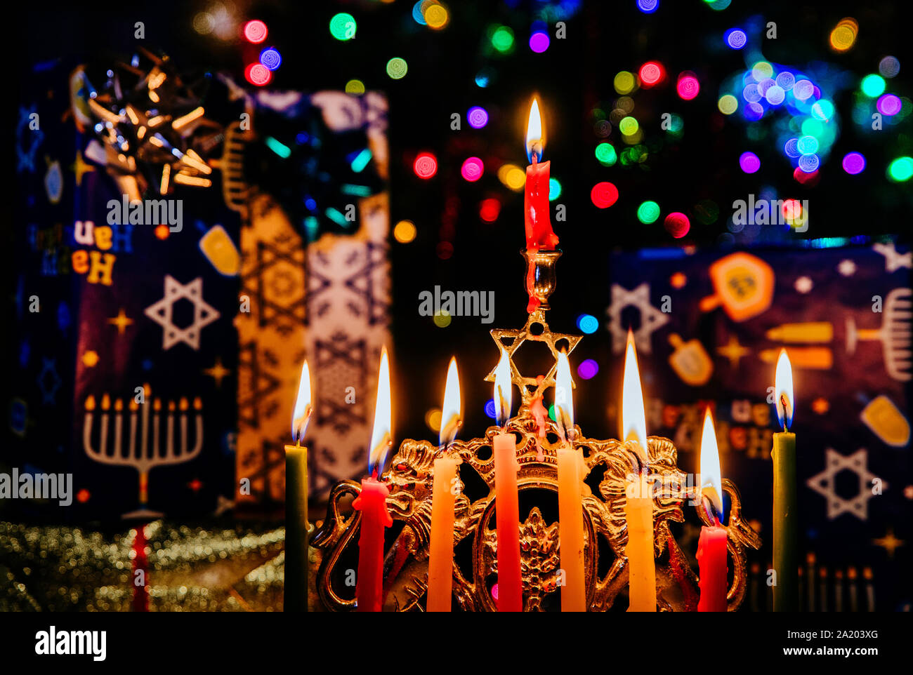 Chanukah candles all in a jewish symbol holiday Stock Photo Alamy