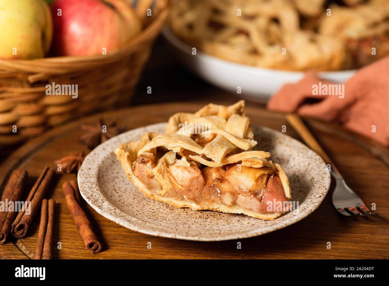 Slice Of Homemade Apple Pie With Cinnamon Closeup View Autumn