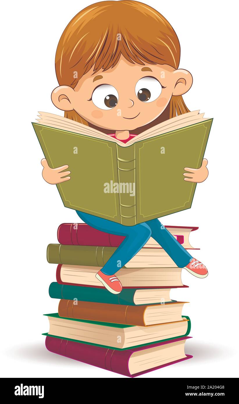 Little girl with a book in her hands. A girl is reading a book. Girl sitting on a stack of books. Stock Vector