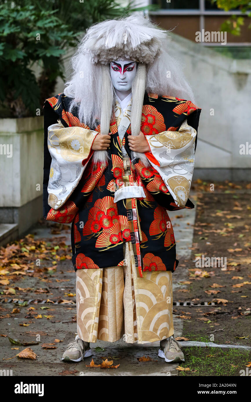 London, UK. 29th Sep, 2019. A performer wearing Japanese costume seen during the annual Japan Matsuri festival.Festival of Japanese music, food and culture in London's Trafalgar Square, UK. Credit: SOPA Images Limited/Alamy Live News Stock Photo