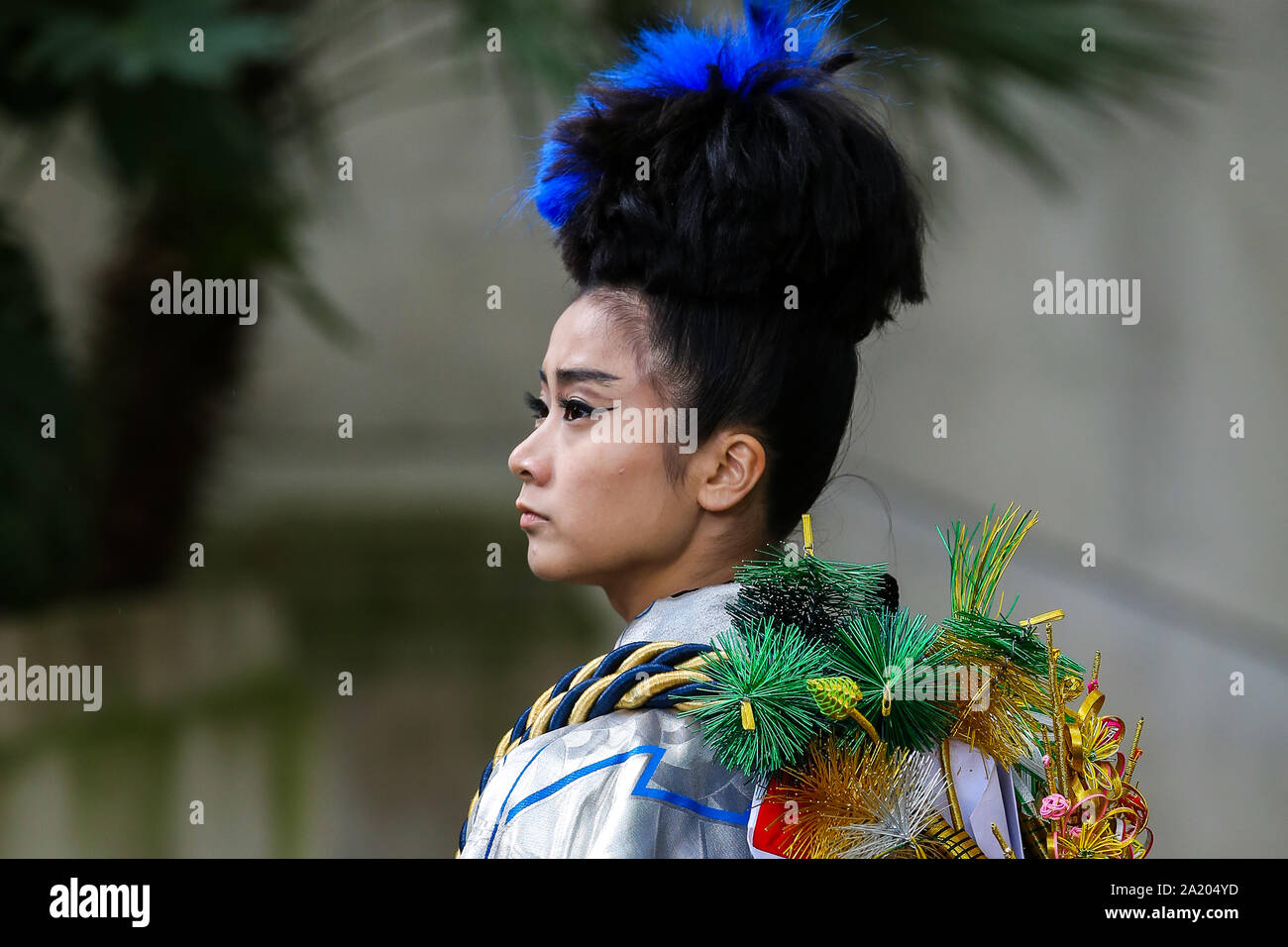 London, UK. 29th Sep, 2019. A performer wearing Japanese costume seen during the annual Japan Matsuri festival.Festival of Japanese music, food and culture in London's Trafalgar Square, UK. Credit: SOPA Images Limited/Alamy Live News Stock Photo