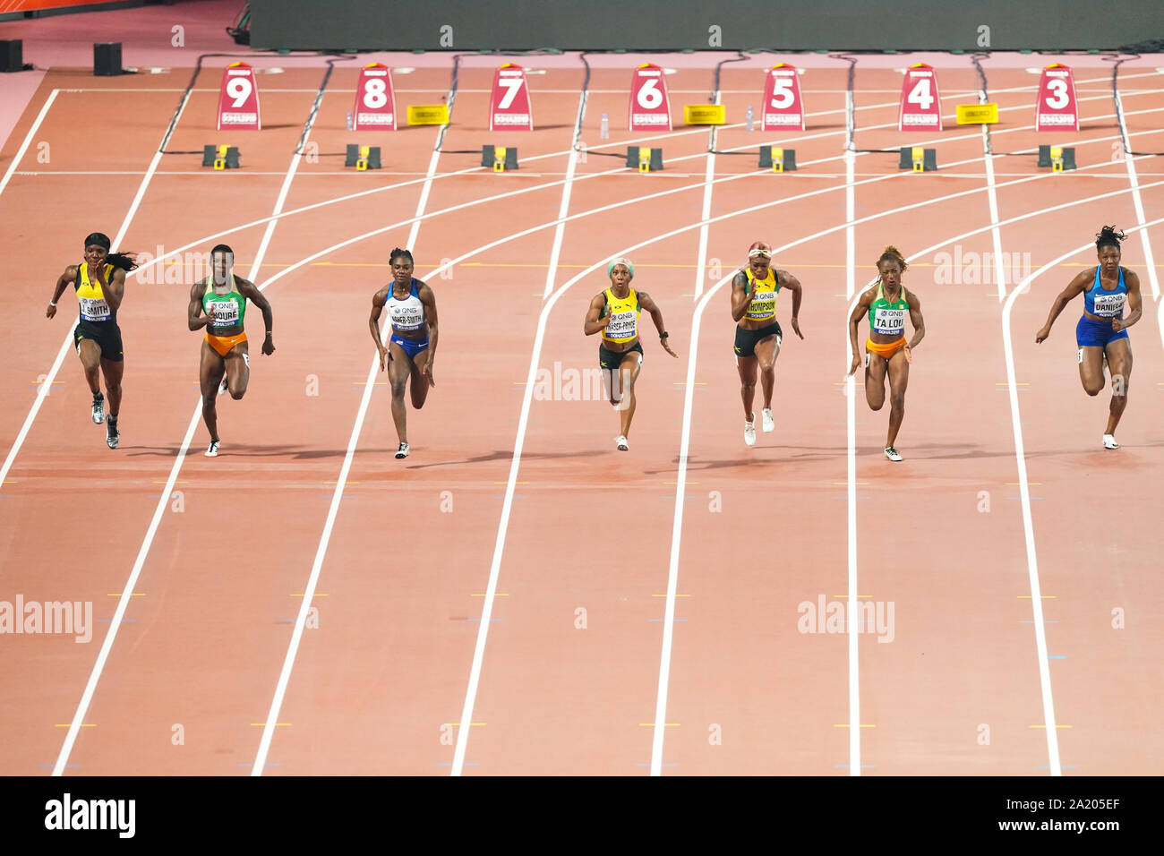 Doha, Qatar. 29th Sep, 2019. Athletes compete during the Women's 100 Meters Final at the 2019 IAAF World Championships in Doha, Qatar, Sept. 29, 2019. Credit: Wang Jingqiang/Xinhua/Alamy Live News Stock Photo