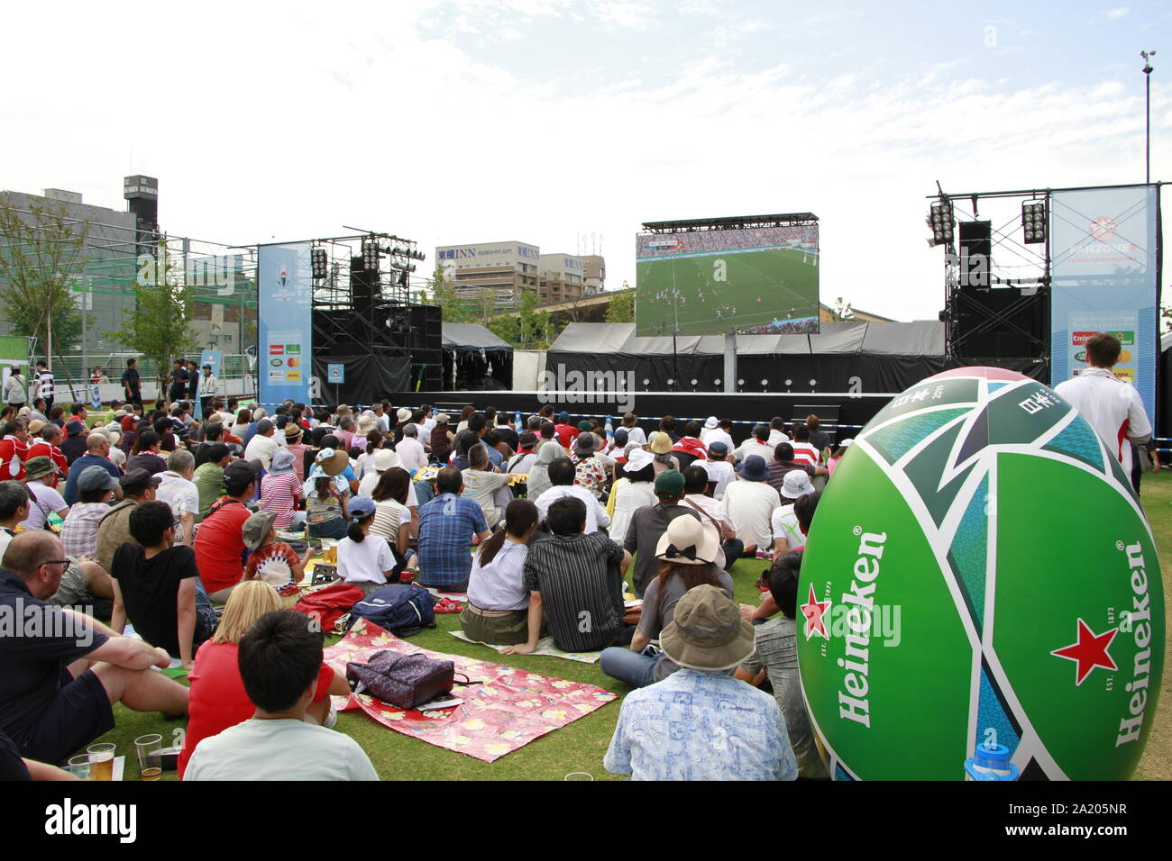 People Watch The Rugby World Cup Match Between Argentina And Tonga In A Fanzone Public Viewing Site At Tennoji Park Entrance Area Ten Shiba In Osaka West Japan On September 28 2019 Credit