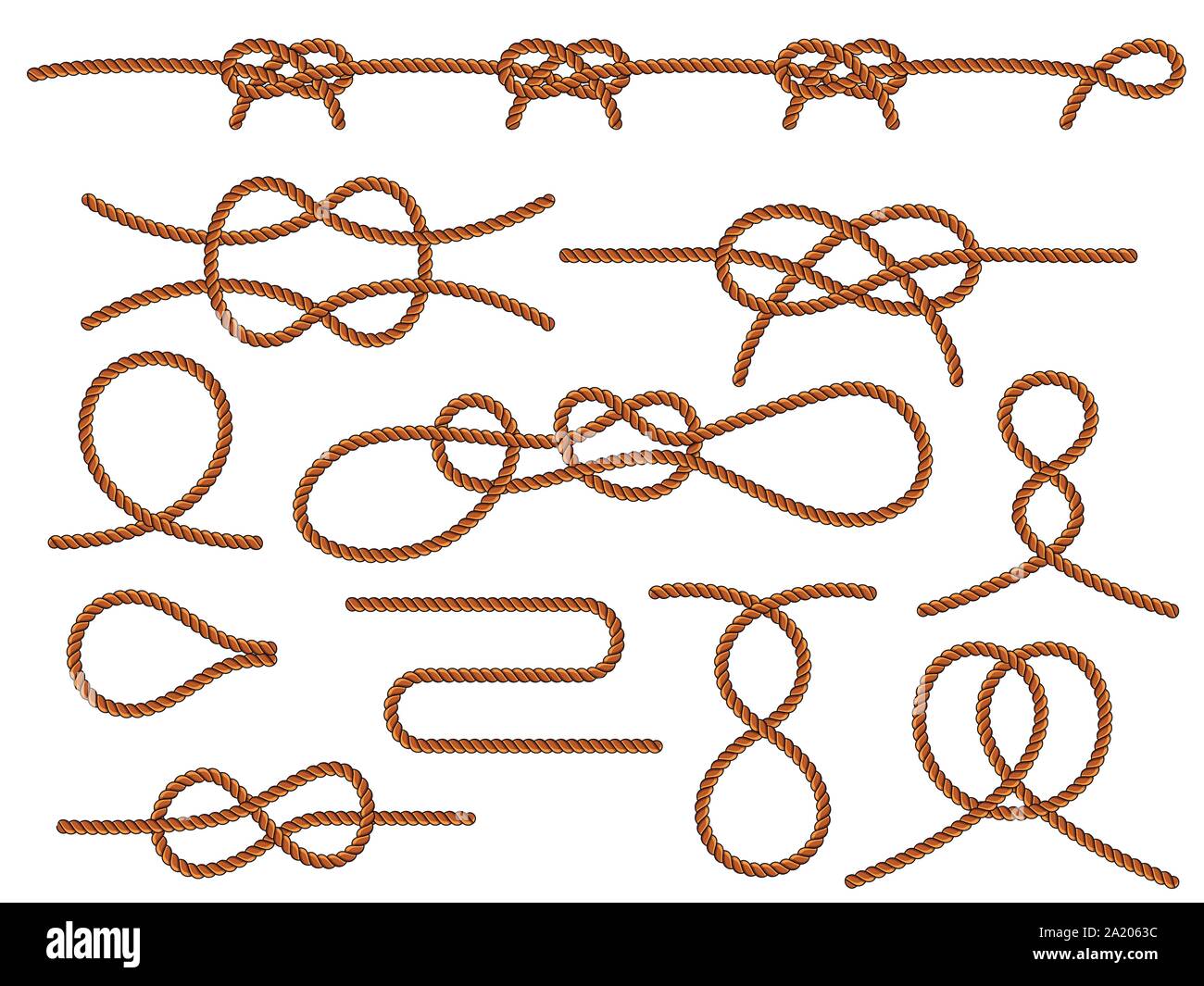 Set of nautical knots. Flat vector brown rope. Stock Vector