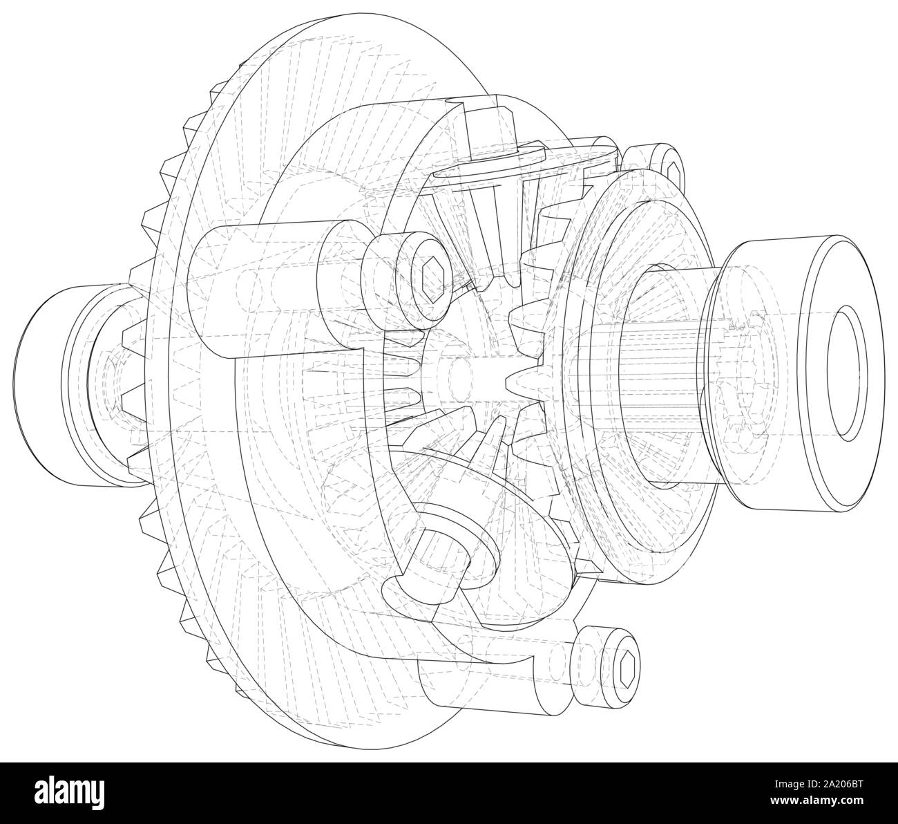 Transmission gearbox inside on white background. Vector rendering of 3d. Wire-frame style. Stock Vector