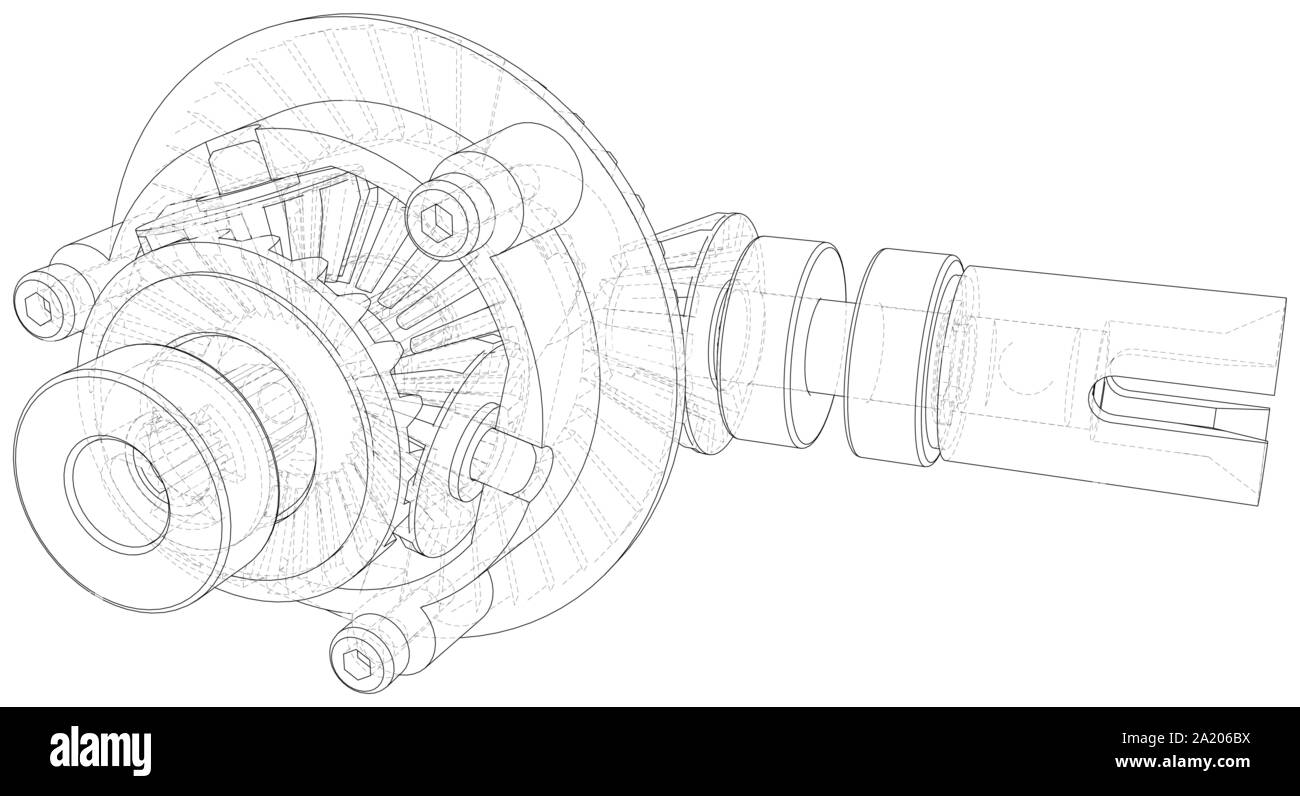 Transmission gearbox inside on white background. Vector rendering of 3d. Wire-frame style. Stock Vector