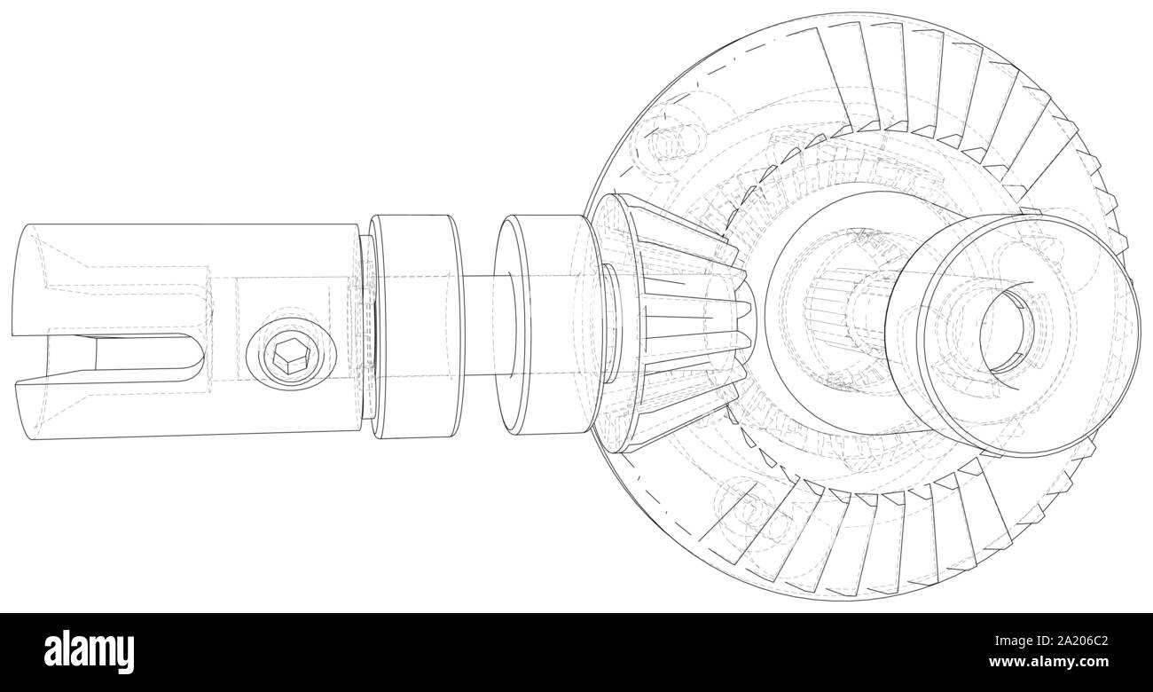 Automobile car gearbox with toothed wheels. Inside view on gearbox cross section with gears and