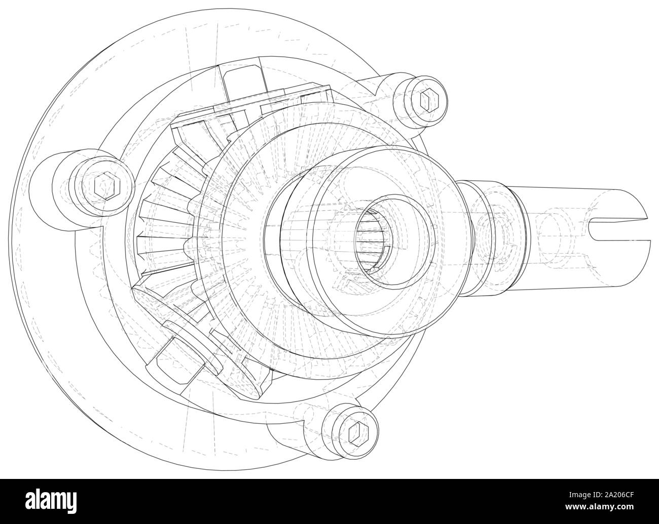 Gearbox sketch. Vector rendering of 3d. Wire-frame style. Stock Vector