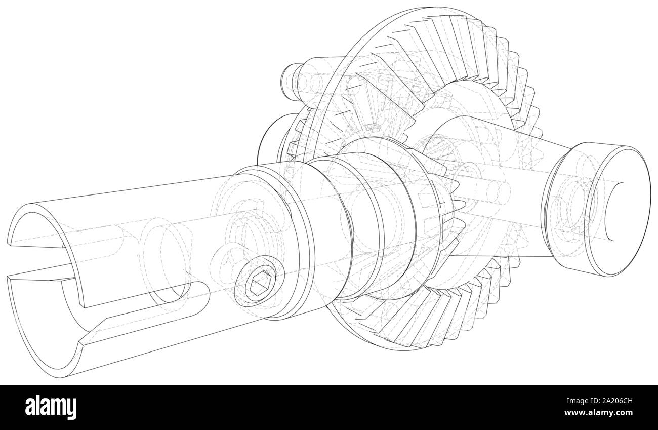 Gearbox sketch. Vector rendering of 3d. Wire-frame style. Stock Vector