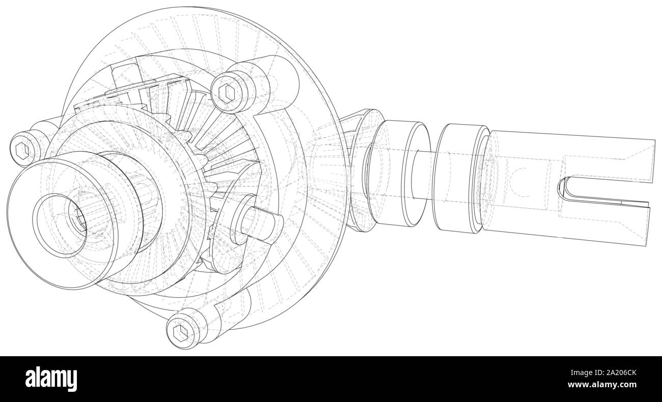 Transmission gearbox inside on white background. Vector rendering of 3d
