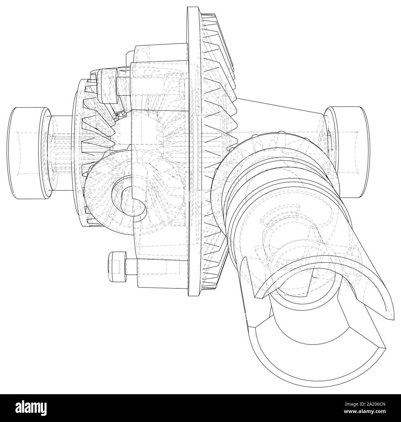 Outline gearbox. Vector rendering of 3d. Wire-frame style. The layers of visible and invisible lines are separated. Stock Vector