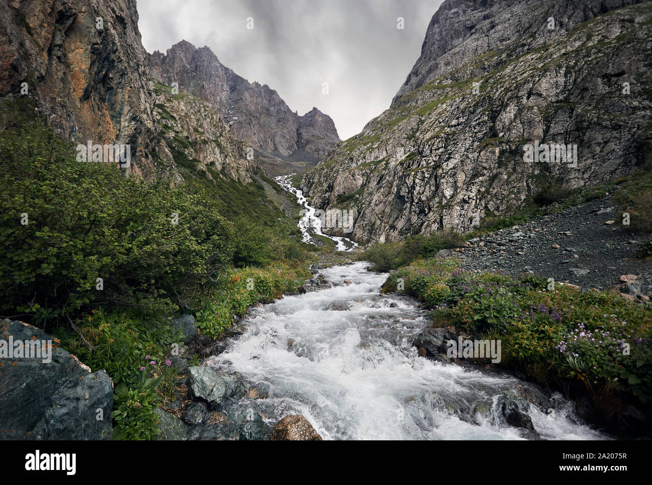 White water river in the mountain valley with rocky mountains in Karakol national park, Kyrgyzstan Stock Photo