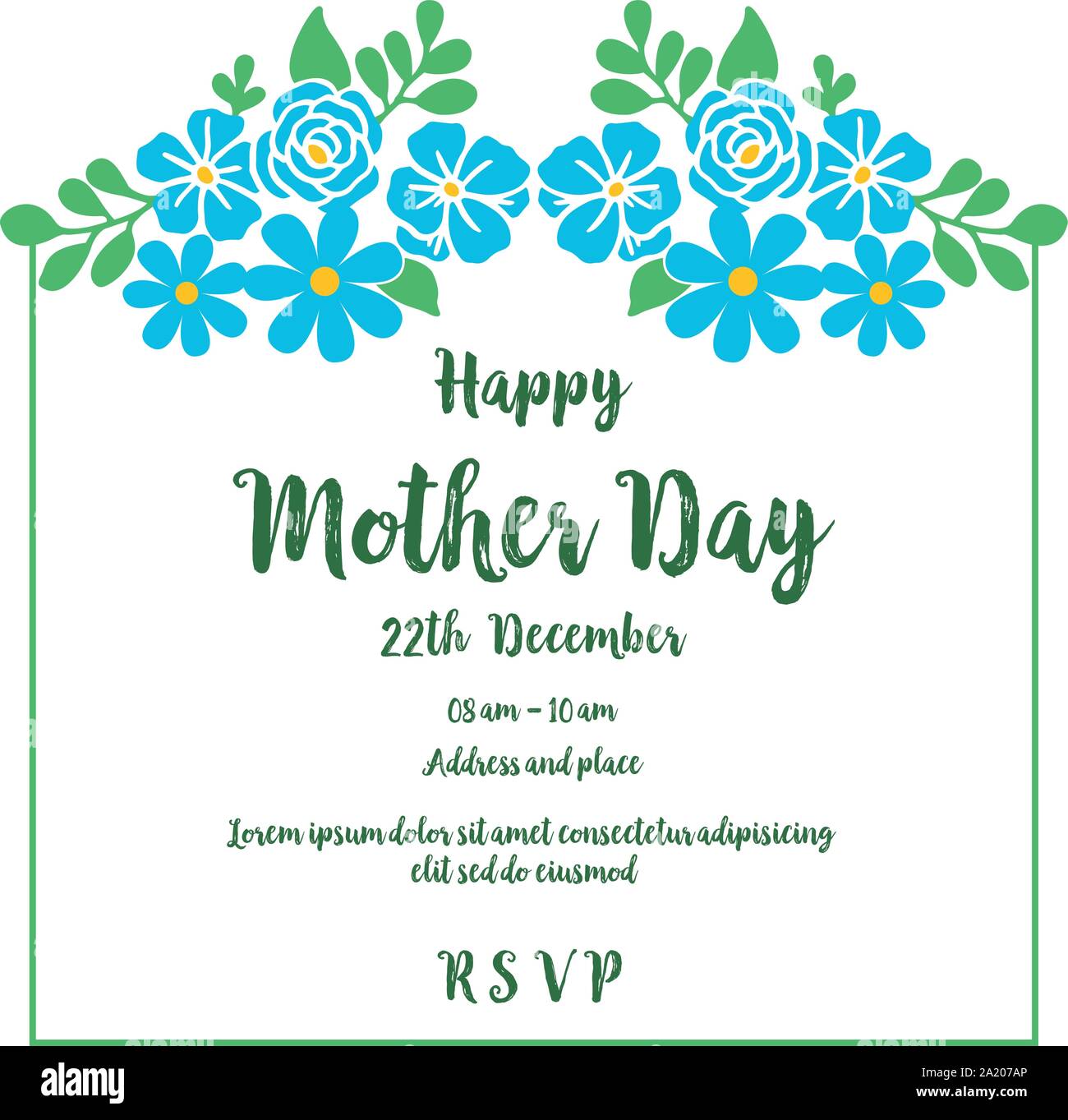 Template for greeting card of mother day, with blue wreath frame ...