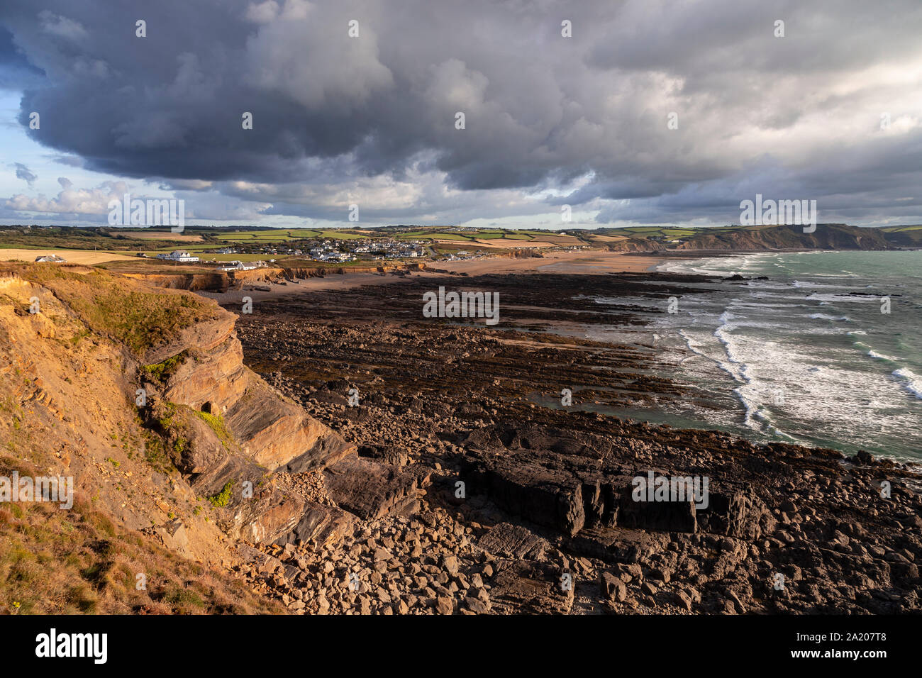Atlantic coastline of Cornwall, England at Widemouth Bay Stock Photo