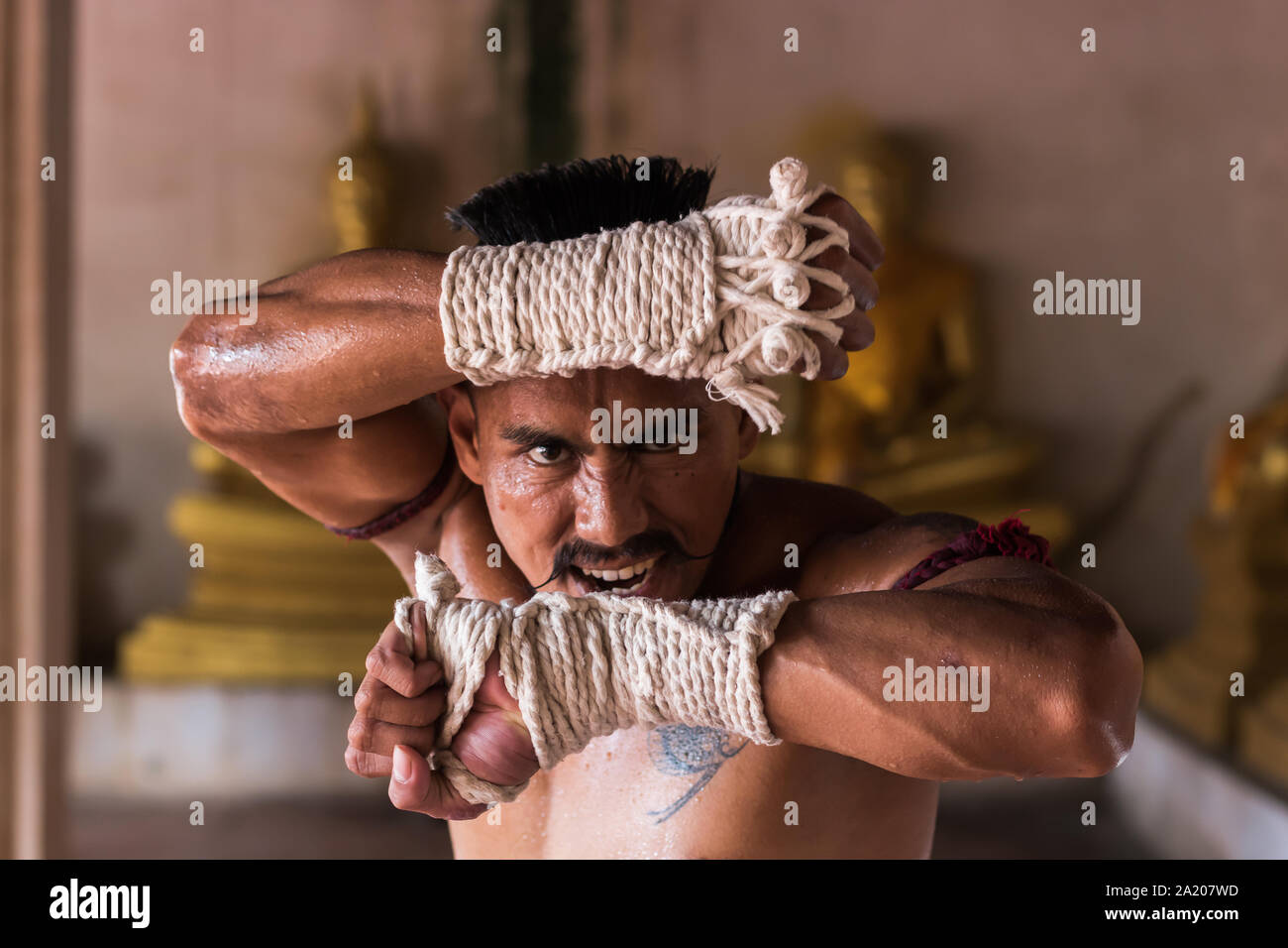 Close up of Ancient Muay Thai Martial Arts freehand dangerous Stock