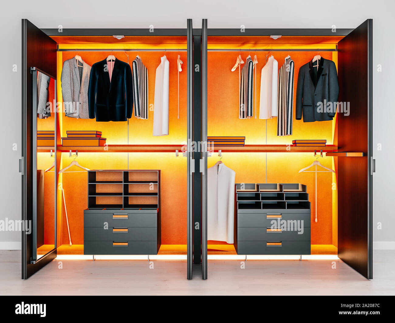 modern dark orange wooden and metal wardrobe with men clothes hanging on  rail in walk in closet design interior, 3d rendering Stock Photo - Alamy