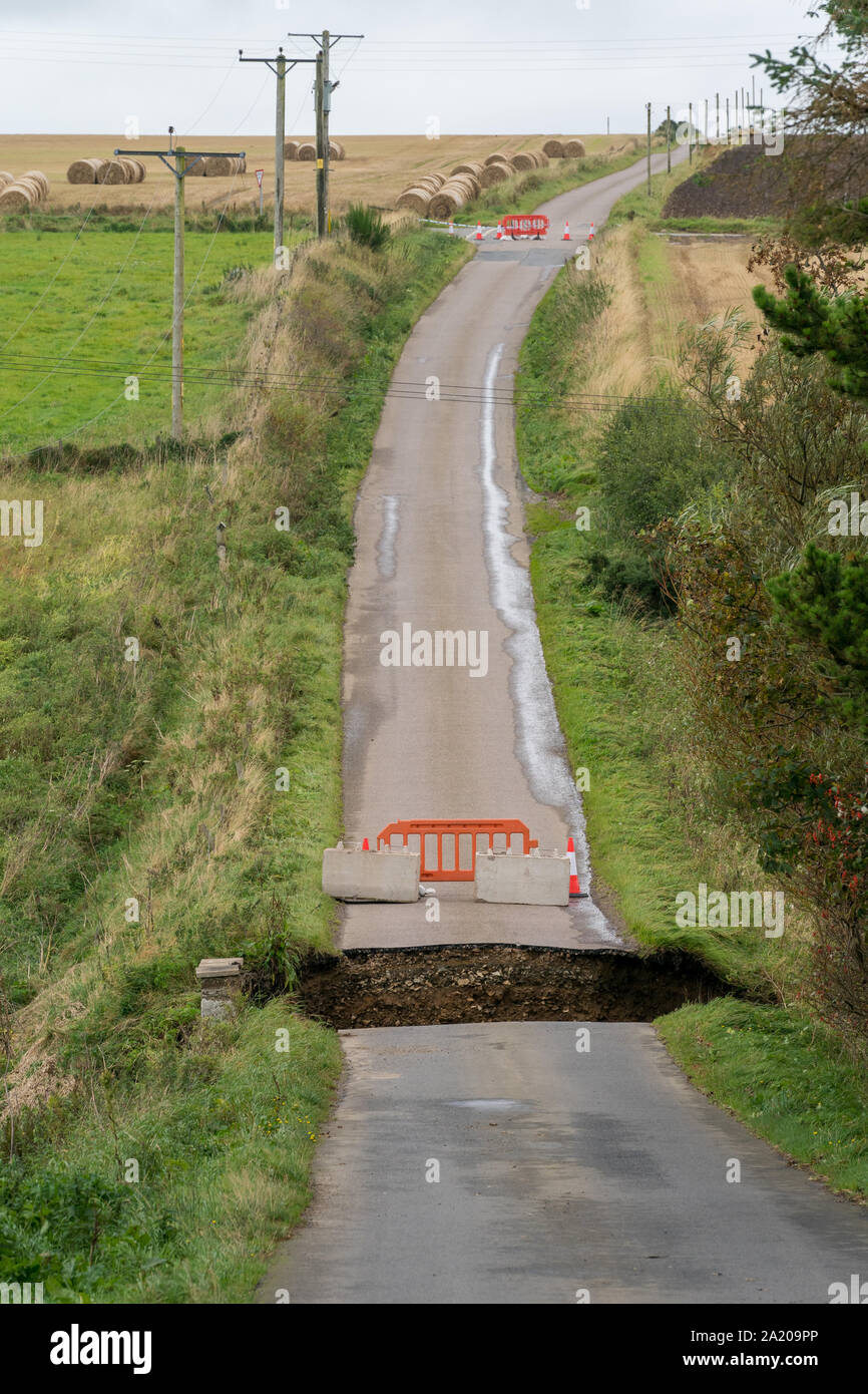 Turriff, King Edward area, Aberdeenshire, UK. 29th Sep, 2019. UK. This is a view of one of the destroyed road bridges caused by dramatic flash flooding in the area of Banff and Turriff on 28 September 2019. - Credit: JASPERIMAGE/Alamy Live News Stock Photo