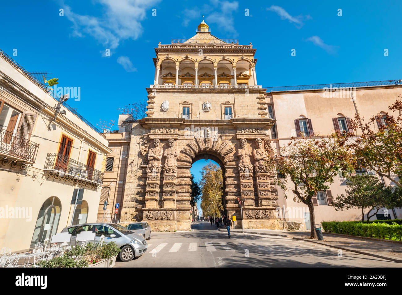View to medieval gate Porta Nuova (New Gate) in Palermo. Sicily, Italy Stock Photo
