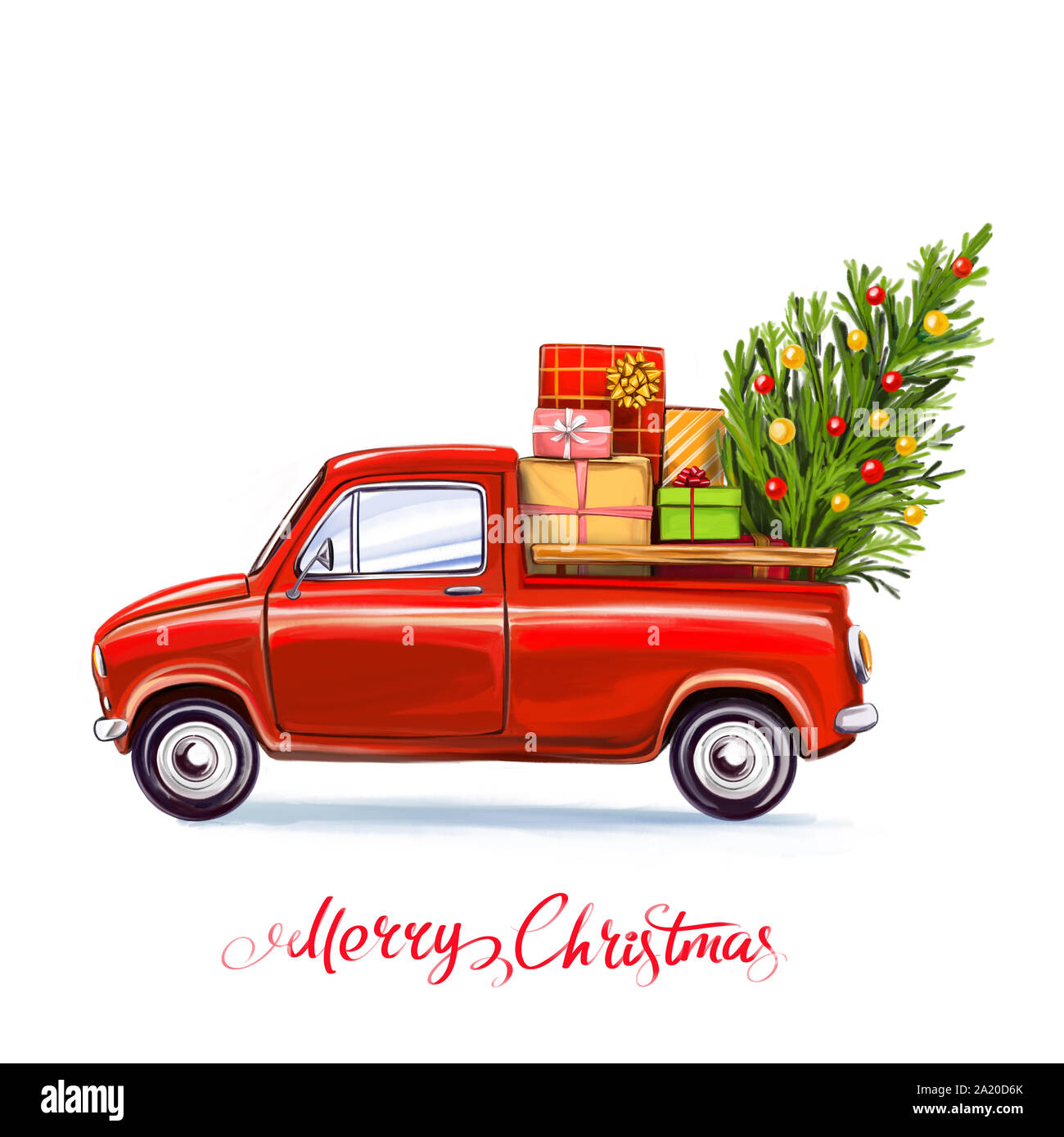 Christmas tree and gifts on the car, Decorative Christmas ornament, art illustration painted with watercolors isolated on white background Stock Photo